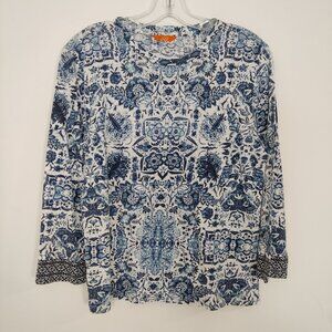 Joe Fresh Women's Blouse Size L White Blue Lightweight Casual Modest Resortwear